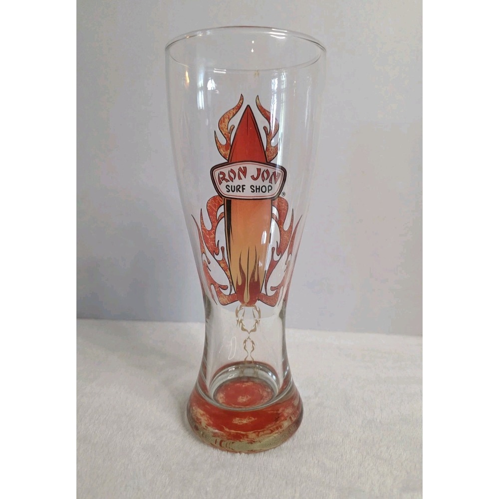 Ron‎ Jon Surf Shop Pilsner Beer Glass Surfboard Flame Graphic Red Base 9 Inch